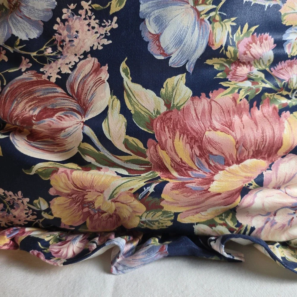 Vintage Floral Ruffled Throw Pillow Navy Blue Pink Botanical Cottagecore